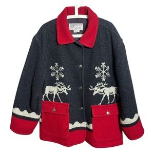 Gallery Vintage Wool Blend Jacket Reindeer Snowflakes Oversized